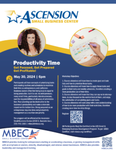 Flyer for Productivity Class to be held on May 30 at 2430 S. Burnside Avenue at 6pm.