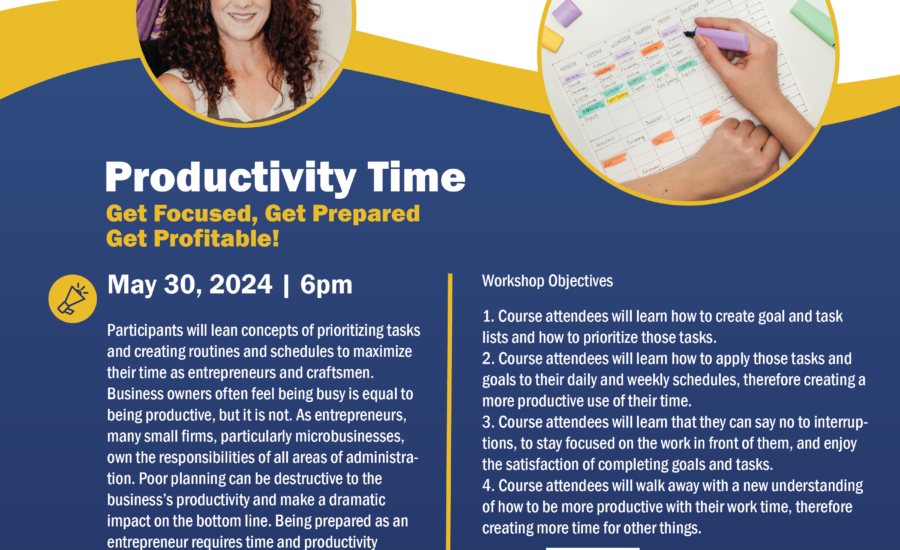 Flyer for Productivity Class to be held on May 30 at 2430 S. Burnside Avenue at 6pm.